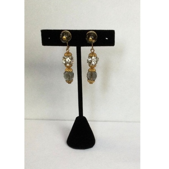 Vintage Swarovski Clear Crystal & Montana Blue Czech Fire Polish Clip Earrings - Picture 3 of 7